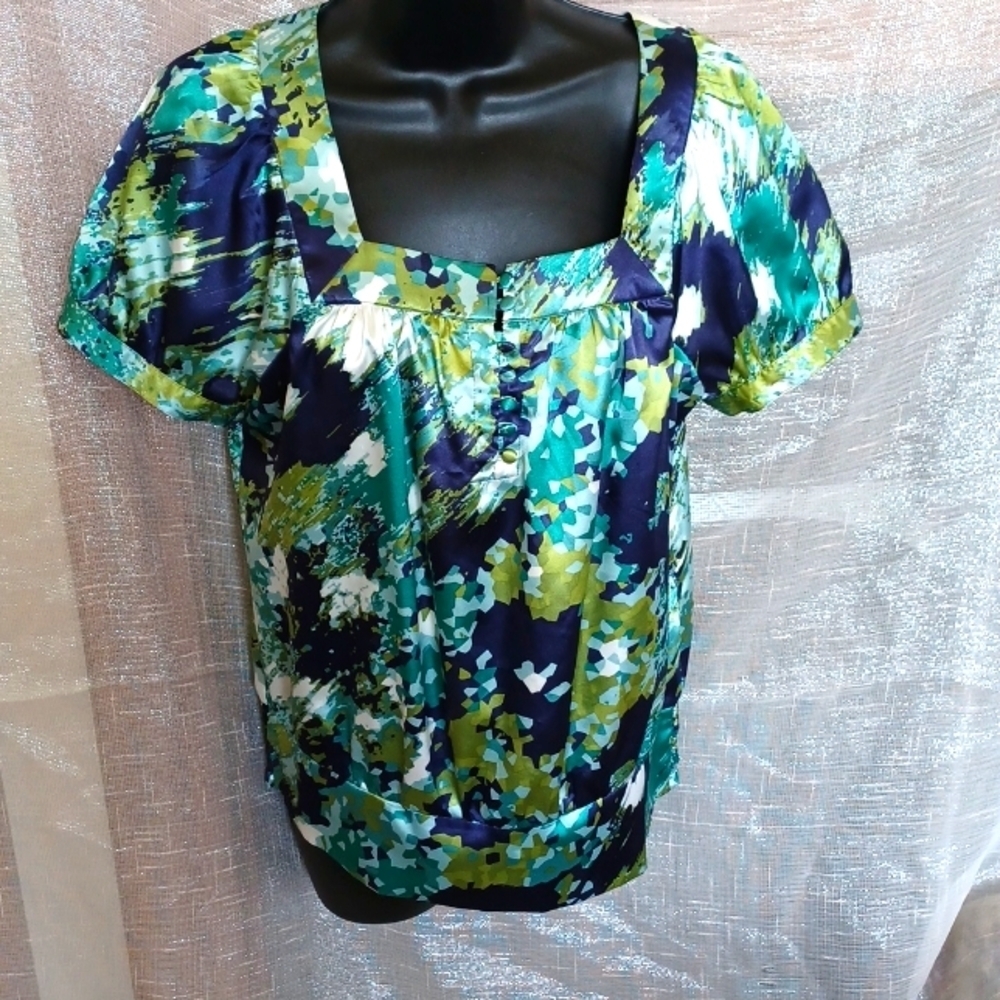 APT 9 Multi Color Blue Green Aqua Cream Baby Doll Top Cap Sleeve, S